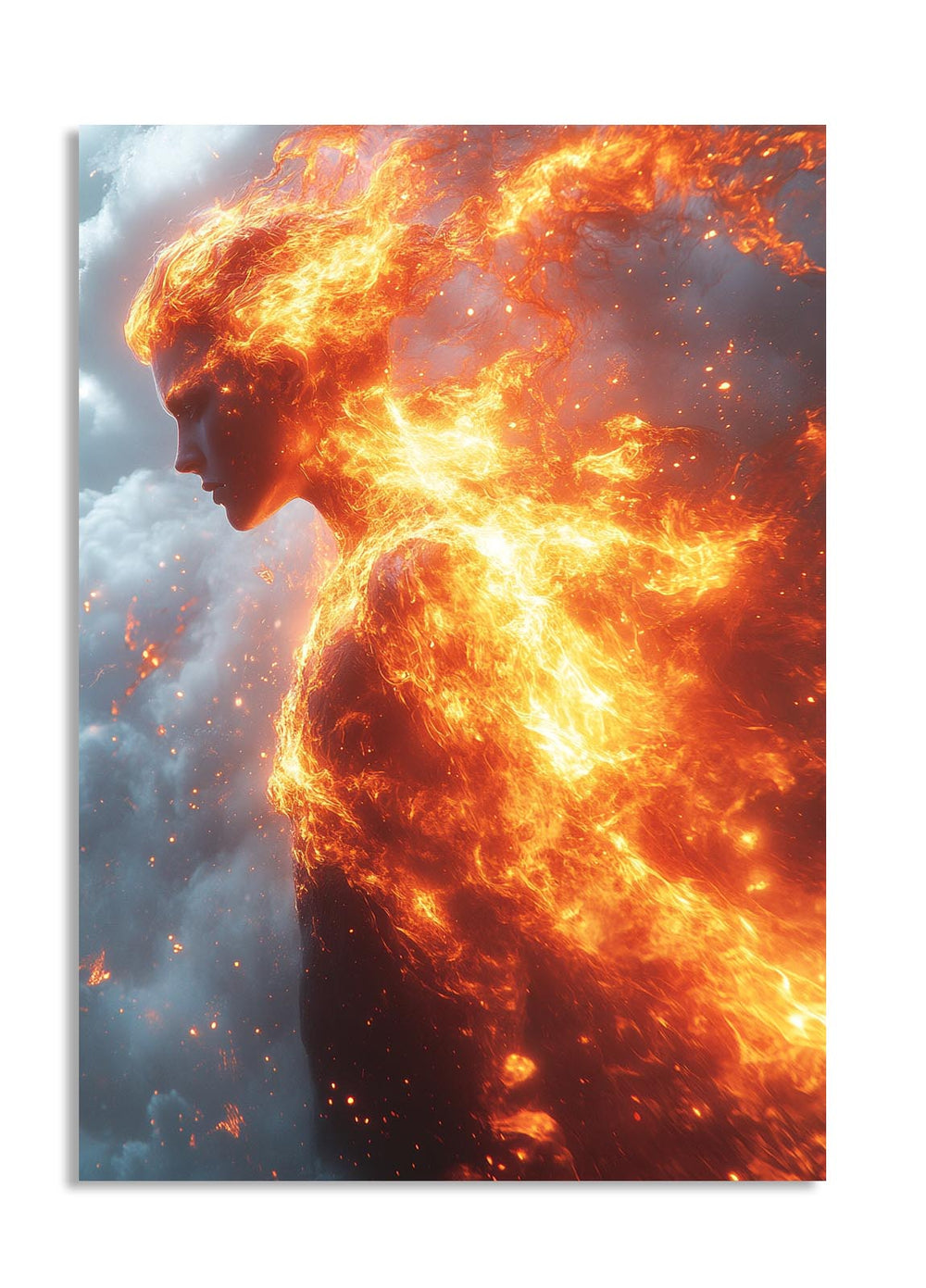 Person with fiery aura against a cloudy sky, as a premium aluminum metal print from GoMetalPrint.
