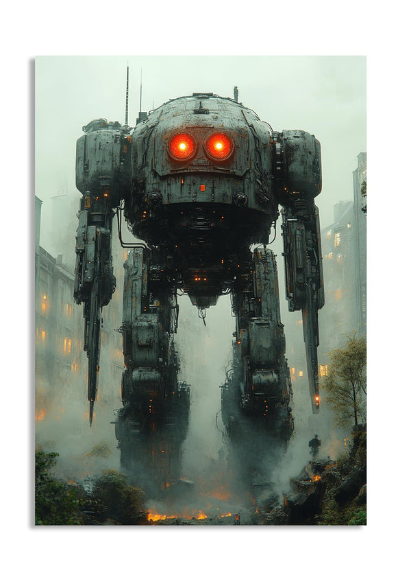 Large robot with glowing eyes in a foggy, dystopian cityscape, as a premium aluminum metal print from GoMetalPrint.
