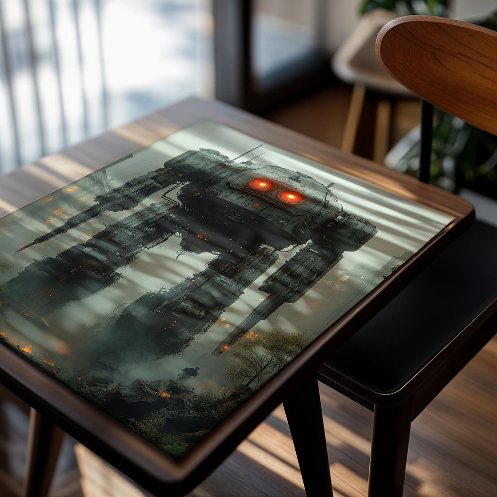 Large robot with glowing eyes in a foggy, dystopian cityscape, as a premium aluminum metal print from GoMetalPrint.
