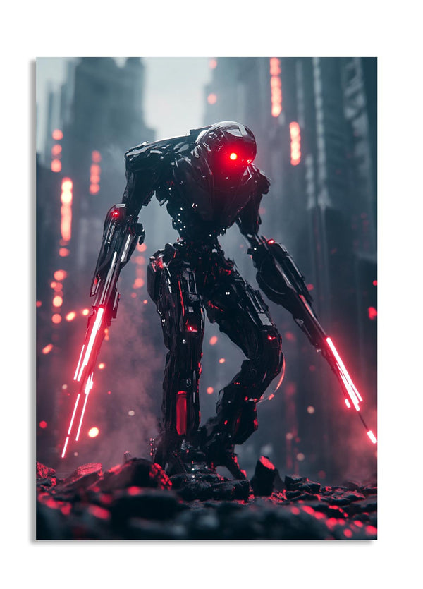Robot with red lights in a futuristic cityscape, as a premium aluminum metal print from GoMetalPrint.
