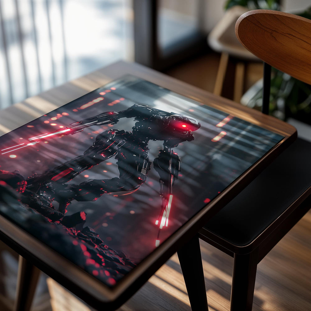 Robot with red lights in a futuristic cityscape, as a premium aluminum metal print from GoMetalPrint.
