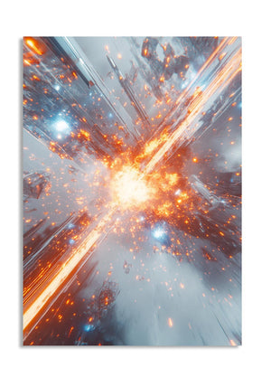 Artistic depiction of a cosmic event with bright light and energy, resembling a starburst or supernova, as a premium aluminum metal print from GoMetalPrint.

