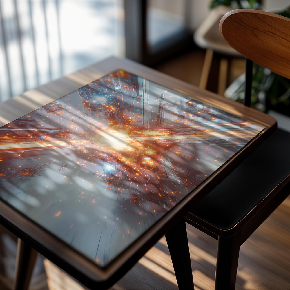 Artistic depiction of a cosmic event with bright light and energy, resembling a starburst or supernova, as a premium aluminum metal print from GoMetalPrint.
