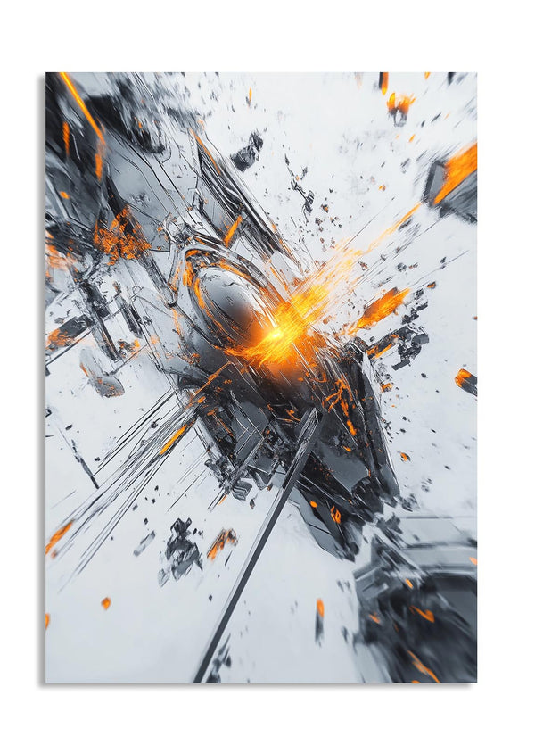 Abstract art piece with orange, black, and gray colors on a white background, as a premium aluminum metal print from GoMetalPrint.
