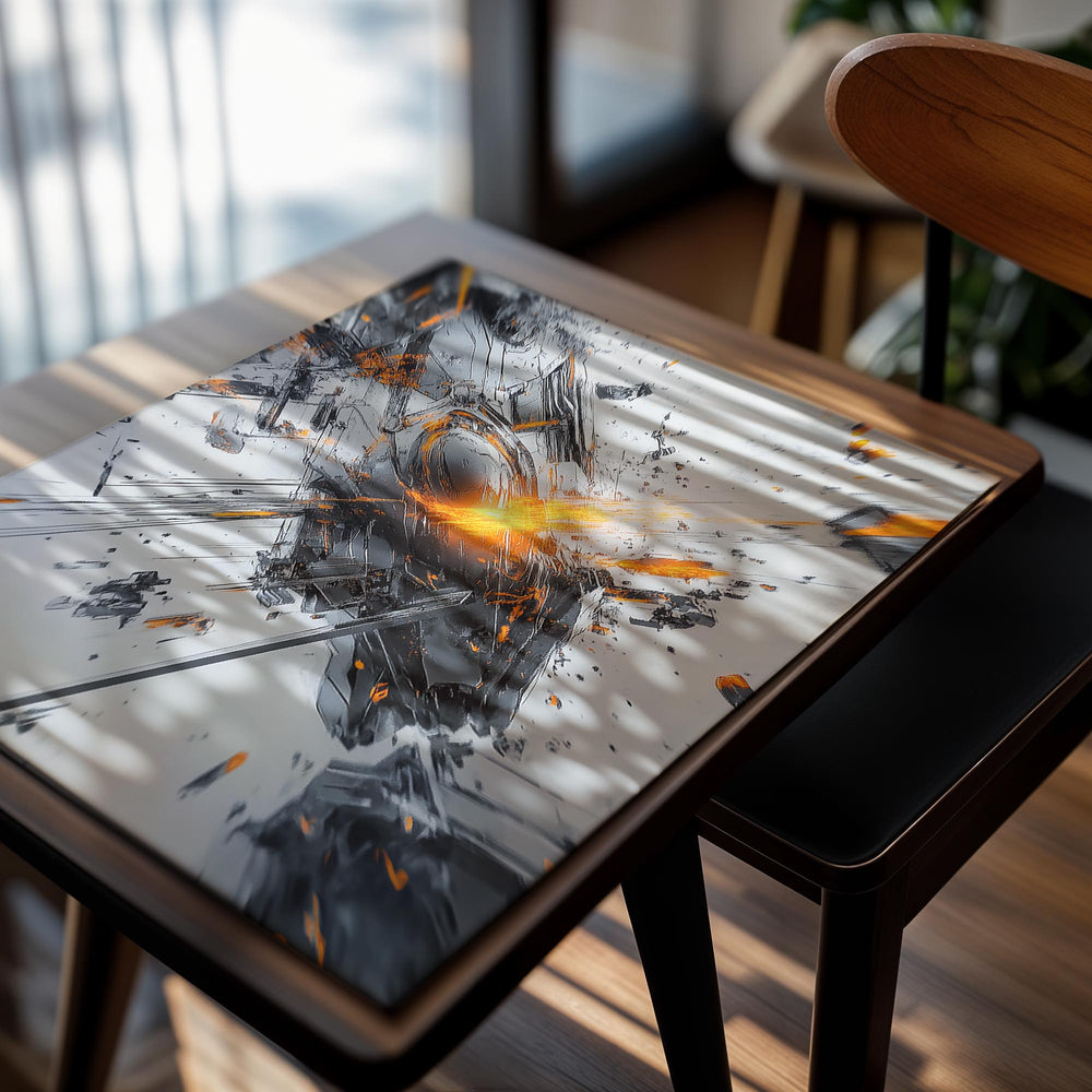 Abstract art piece with orange, black, and gray colors on a white background, as a premium aluminum metal print from GoMetalPrint.
