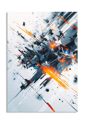 Abstract art print with orange and blue elements on a white background, as a premium aluminum metal print from GoMetalPrint.
