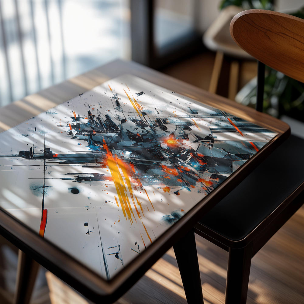 Abstract art print with orange and blue elements on a white background, as a premium aluminum metal print from GoMetalPrint.
