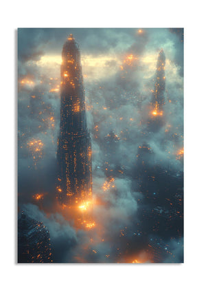Futuristic cityscape with tall buildings emerging from a cloud of smoke or mist, as a premium aluminum metal print from GoMetalPrint.
