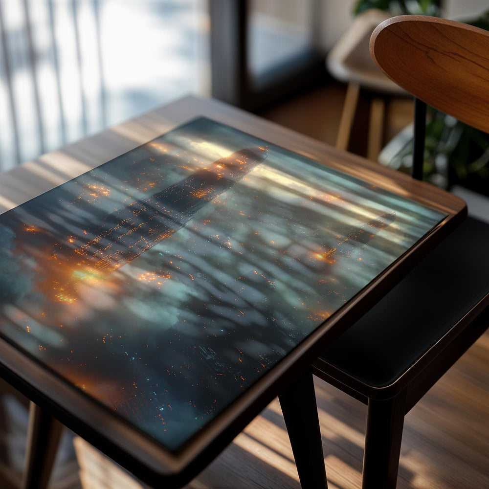 Futuristic cityscape with tall buildings emerging from a cloud of smoke or mist, as a premium aluminum metal print from GoMetalPrint.
