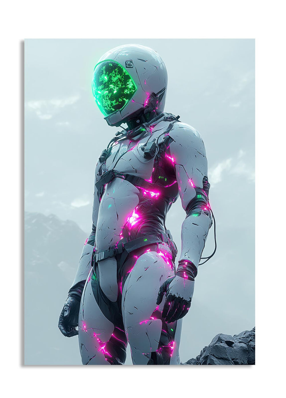 Person in a futuristic astronaut suit with glowing green and pink elements on a mountainous background, as a premium aluminum metal print from GoMetalPrint.
