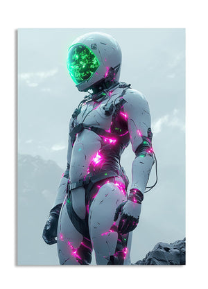 Person in a futuristic astronaut suit with glowing green and pink elements on a mountainous background, as a premium aluminum metal print from GoMetalPrint.
