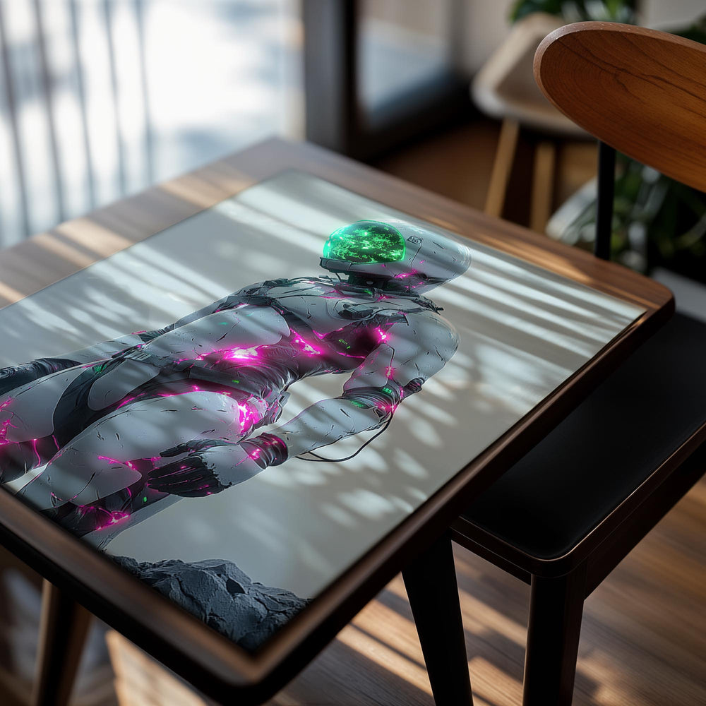 Person in a futuristic astronaut suit with glowing green and pink elements on a mountainous background, as a premium aluminum metal print from GoMetalPrint.
