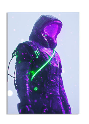 Person wearing a futuristic outfit with glowing green and purple elements on a light blue background, as a premium aluminum metal print from GoMetalPrint.
