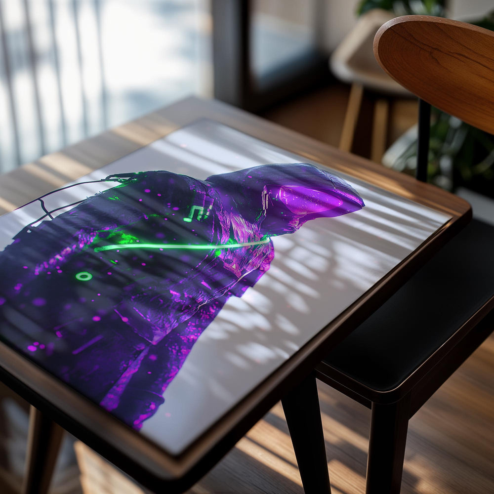 Person wearing a futuristic outfit with glowing green and purple elements on a light blue background, as a premium aluminum metal print from GoMetalPrint.
