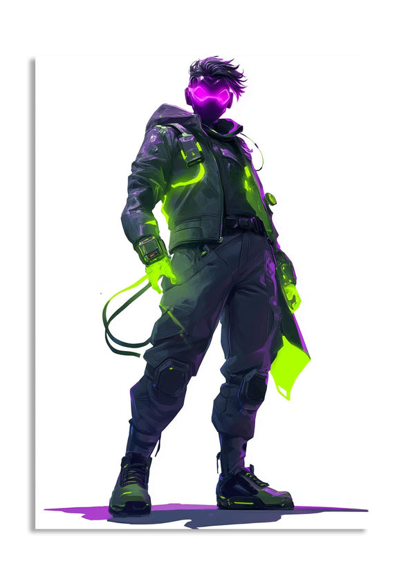 Cyberpunk-style character with neon green and purple accents on a white background, as a premium aluminum metal print from GoMetalPrint.
