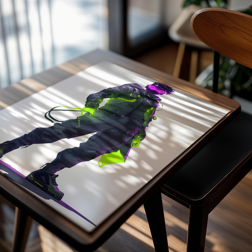 Cyberpunk-style character with neon green and purple accents on a white background, as a premium aluminum metal print from GoMetalPrint.
