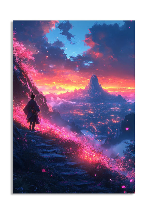 Person walking on a glowing path with a mountain and vibrant sky in the background, as a premium aluminum metal print from GoMetalPrint.
