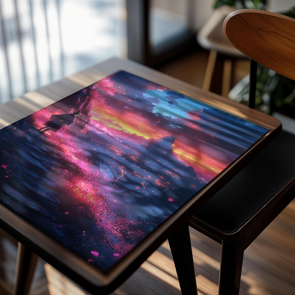 Person walking on a glowing path with a mountain and vibrant sky in the background, as a premium aluminum metal print from GoMetalPrint.
