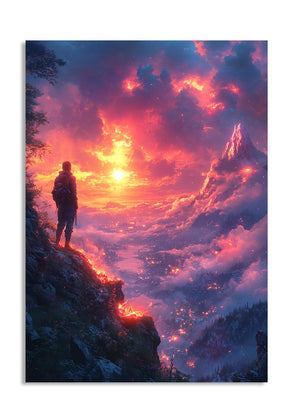 Person standing on a cliff overlooking a fiery landscape with a person in the distance, as a premium aluminum metal print from GoMetalPrint.
