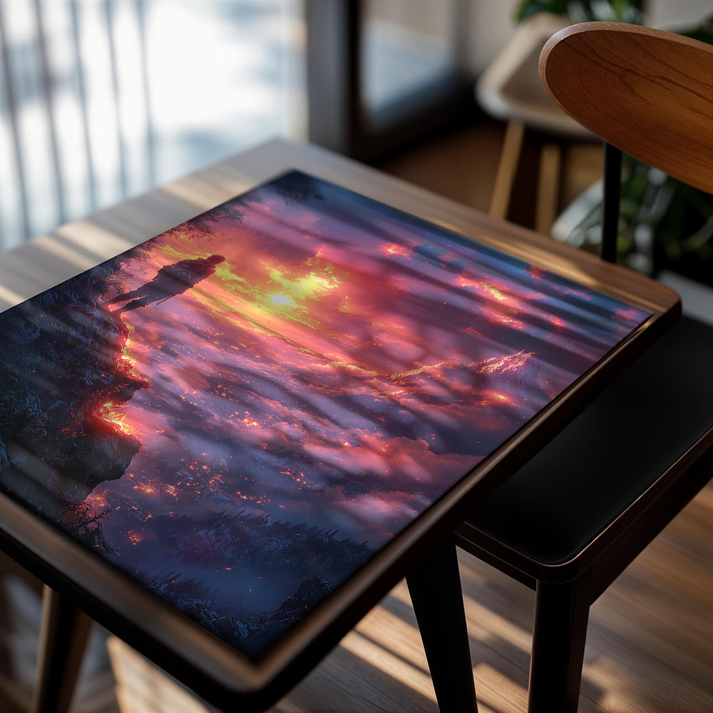 Person standing on a cliff overlooking a fiery landscape with a person in the distance, as a premium aluminum metal print from GoMetalPrint.
