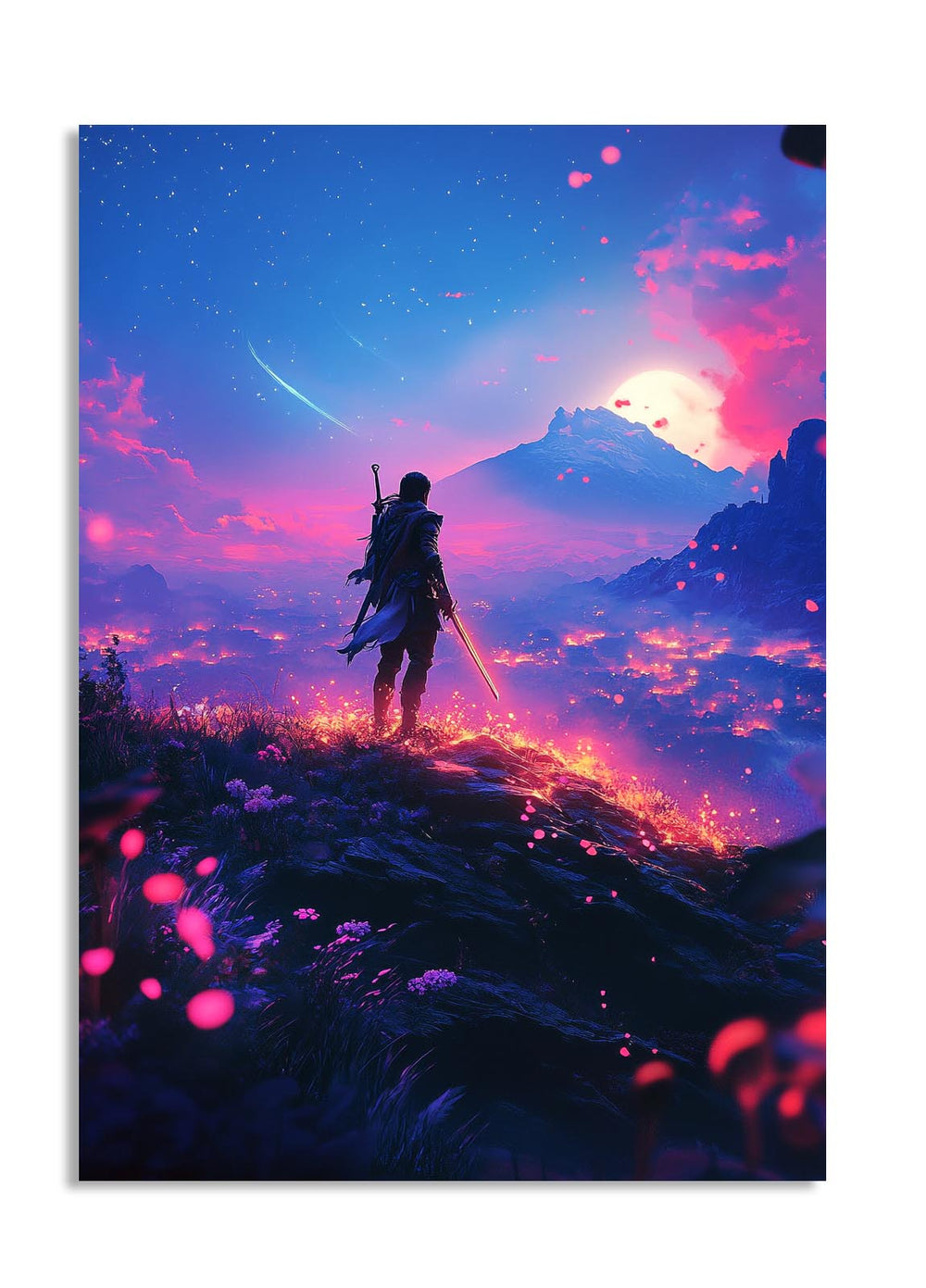 Silhouette of a character with a sword standing on a mountain peak under a vibrant, colorful sky, as a premium aluminum metal print from GoMetalPrint.
