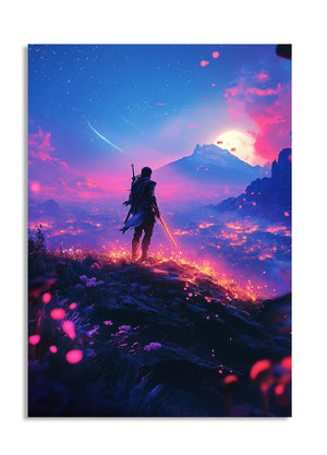 Silhouette of a character with a sword standing on a mountain peak under a vibrant, colorful sky, as a premium aluminum metal print from GoMetalPrint.
