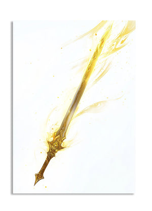 Gold sword with a glowing effect on a white background, as a premium aluminum metal print from GoMetalPrint.
