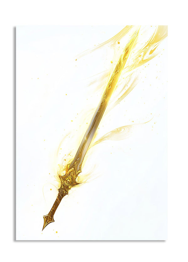 Gold sword with a glowing effect on a white background, as a premium aluminum metal print from GoMetalPrint.
