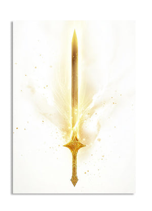 Gold sword with a glowing effect on a white background, as a premium aluminum metal print from GoMetalPrint.
