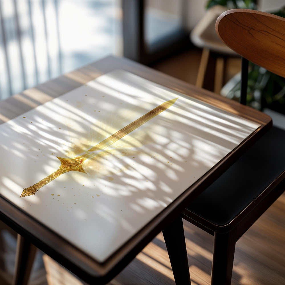 Gold sword with a glowing effect on a white background, as a premium aluminum metal print from GoMetalPrint.
