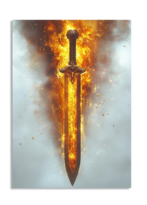 Sword engulfed in flames against a light blue background, as a premium aluminum metal print from GoMetalPrint.
