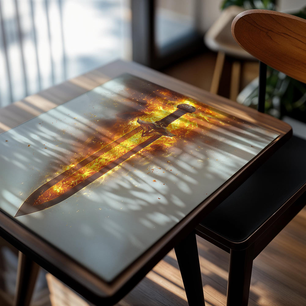 Sword engulfed in flames against a light blue background, as a premium aluminum metal print from GoMetalPrint.
