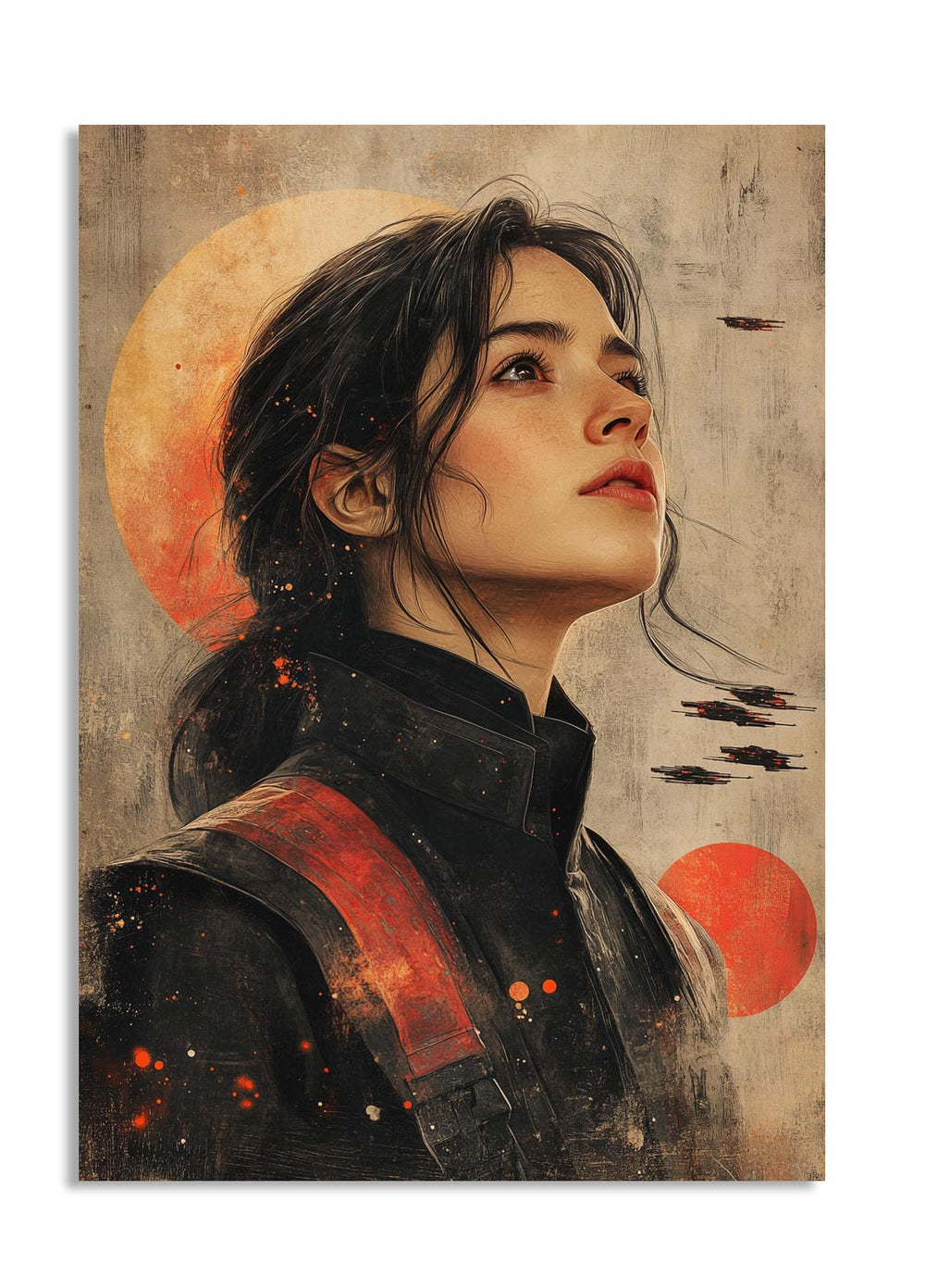 Artistic depiction of a woman with a celestial background featuring red suns and black birds, as a premium aluminum metal print from GoMetalPrint.
