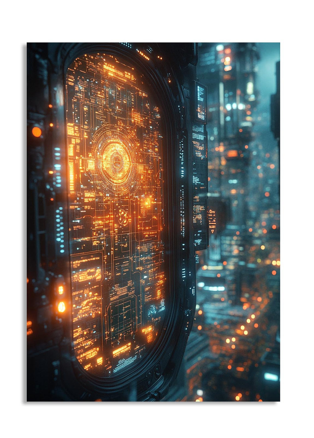 Futuristic cityscape with illuminated digital interface, as a premium aluminum metal print from GoMetalPrint.
