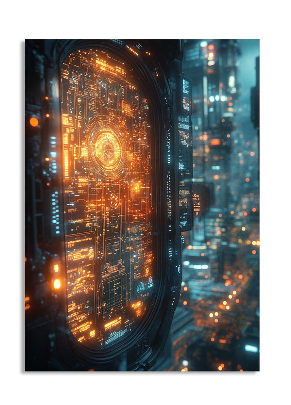 Futuristic cityscape with illuminated digital interface, as a premium aluminum metal print from GoMetalPrint.
