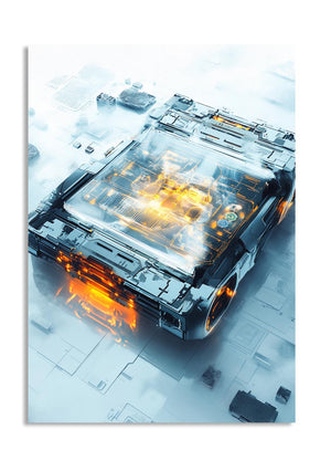 High-tech electronic component on a futuristic blue and white background, as a premium aluminum metal print from GoMetalPrint.
