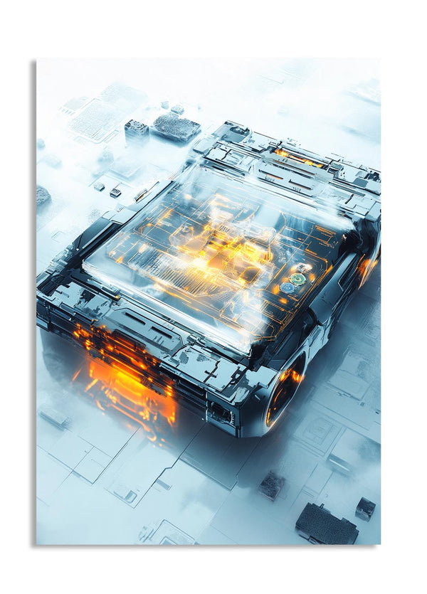 High-tech electronic component on a futuristic blue and white background, as a premium aluminum metal print from GoMetalPrint.
