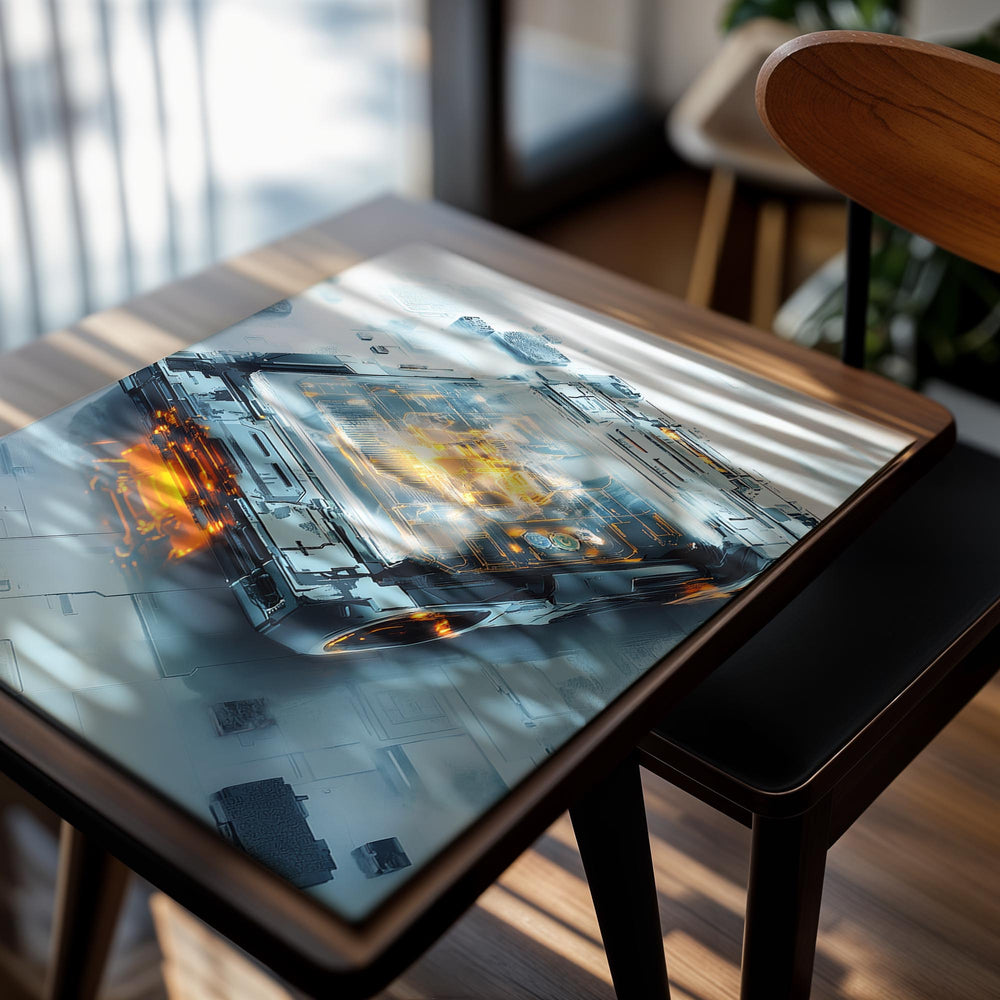 High-tech electronic component on a futuristic blue and white background, as a premium aluminum metal print from GoMetalPrint.
