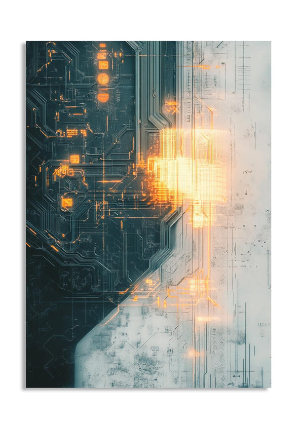 Abstract design of a circuit board with glowing elements on a white background , as a premium aluminum metal print from GoMetalPrint.
