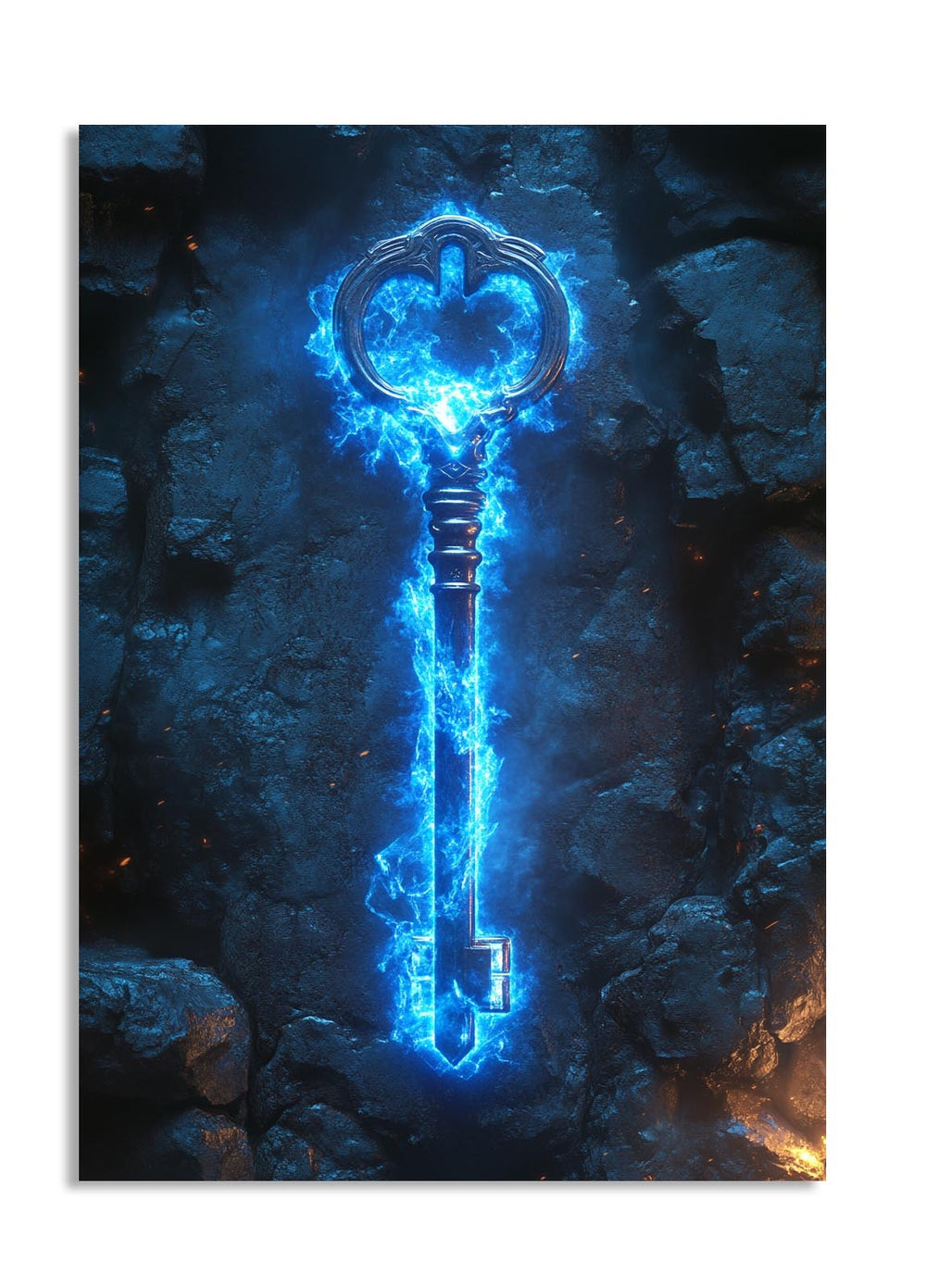 Blue glowing key on a dark stone background, as a premium aluminum metal print from GoMetalPrint.
