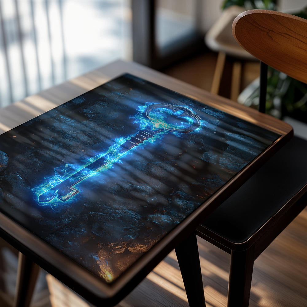 Blue glowing key on a dark stone background, as a premium aluminum metal print from GoMetalPrint.
