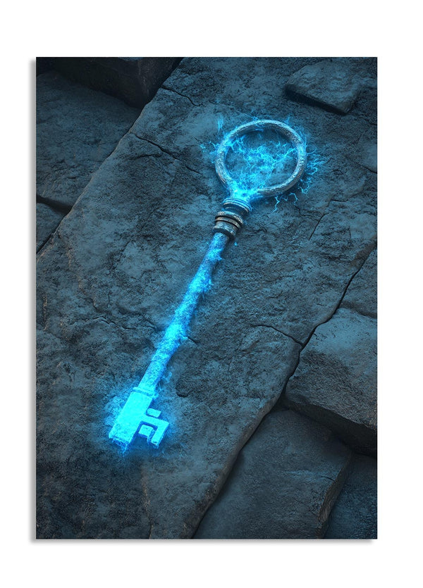 Glowing blue key on a stone surface, as a premium aluminum metal print from GoMetalPrint.
