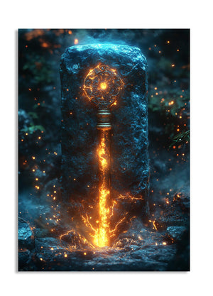 Stone pillar with glowing fiery design against a dark background, as a premium aluminum metal print from GoMetalPrint.
