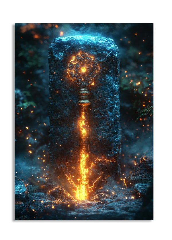 Stone pillar with glowing fiery design against a dark background, as a premium aluminum metal print from GoMetalPrint.

