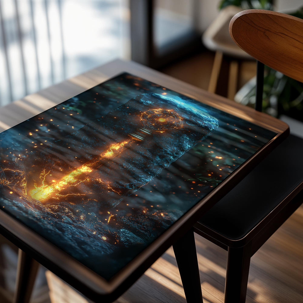 Stone pillar with glowing fiery design against a dark background, as a premium aluminum metal print from GoMetalPrint.
