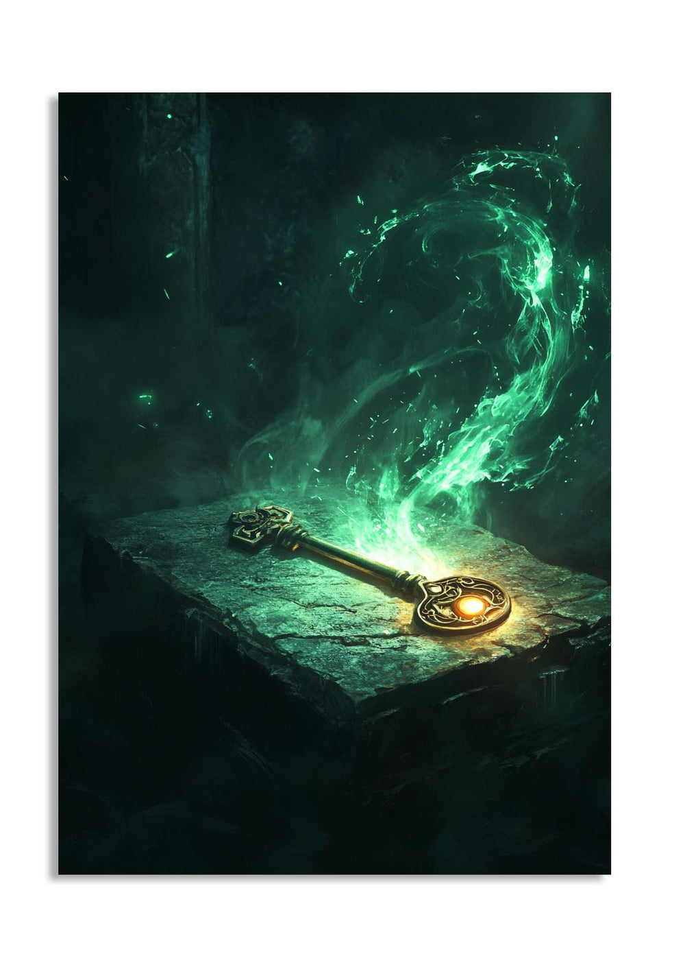 Gold key on a stone surface with green mystical energy swirling around it, as a premium aluminum metal print from GoMetalPrint.

