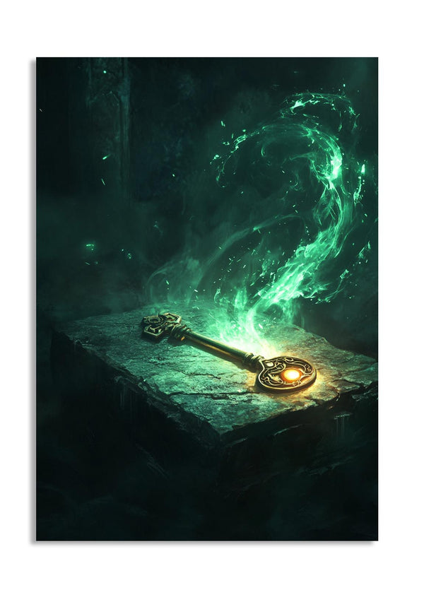 Gold key on a stone surface with green mystical energy swirling around it, as a premium aluminum metal print from GoMetalPrint.
