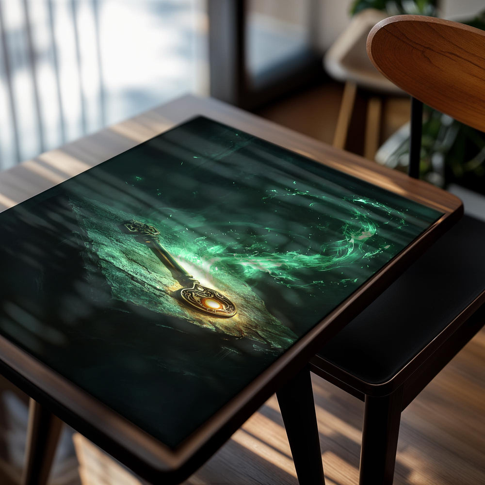 Gold key on a stone surface with green mystical energy swirling around it, as a premium aluminum metal print from GoMetalPrint.
