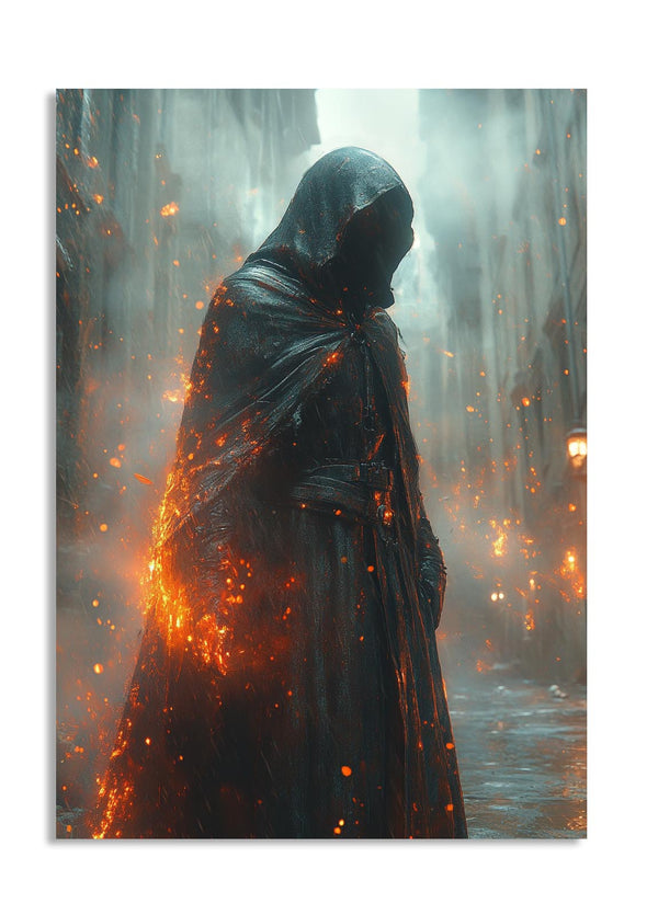 Person in a dark hooded robe with fiery effects standing in a misty, otherworldly setting, as a premium aluminum metal print from GoMetalPrint.
