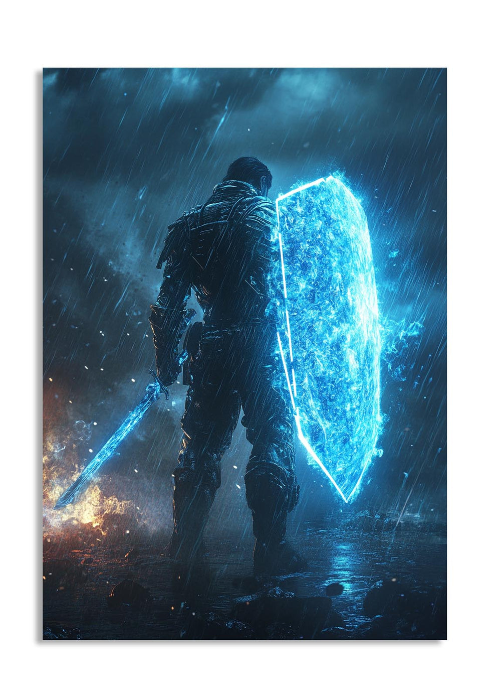 Futuristic warrior with glowing shield and weapon in a dark, stormy environment, as a premium aluminum metal print from GoMetalPrint.
